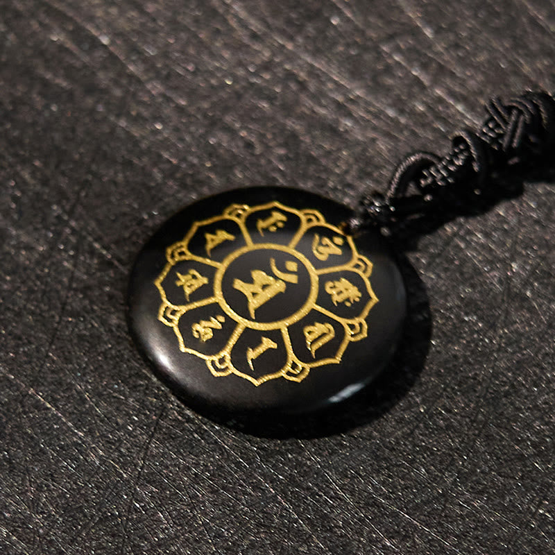 BWOOOH Om Mani Padme Hum Natural Crystal Black Obsidian Strength Necklace Pendant
