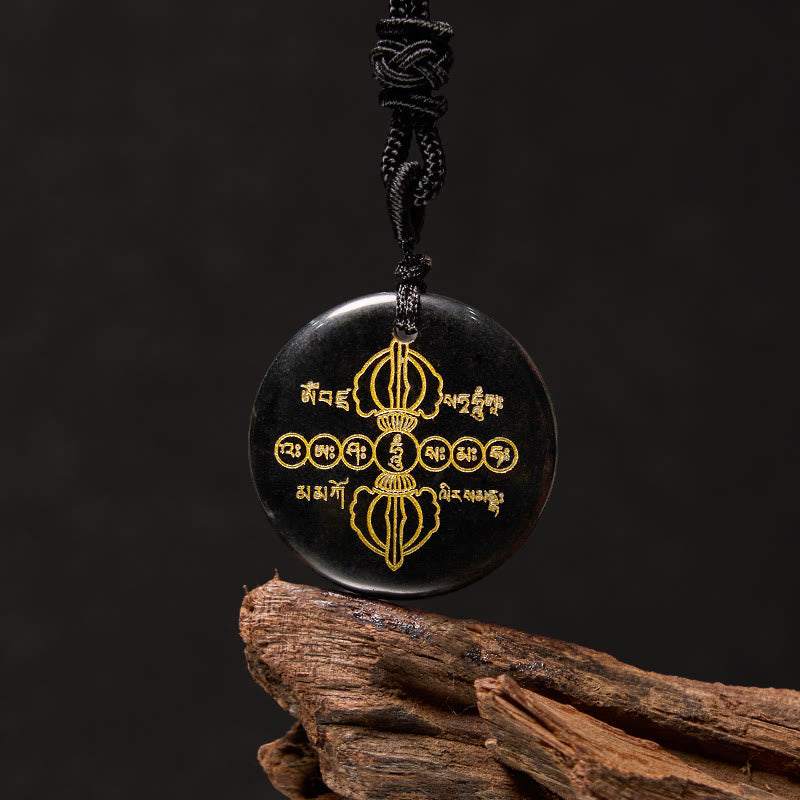 BWOOOH Vajra Dorje Sanskrit Pattern Natural Various Crystal Black Obsidian Fulfilment Necklace Pendant