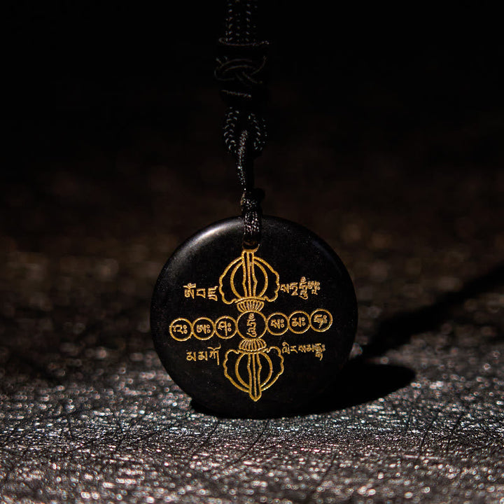 BWOOOH Vajra Dorje Sanskrit Pattern Natural Various Crystal Black Obsidian Fulfilment Necklace Pendant