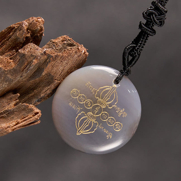 BWOOOH Vajra Dorje Sanskrit Pattern Natural Various Crystal Black Obsidian Fulfilment Necklace Pendant