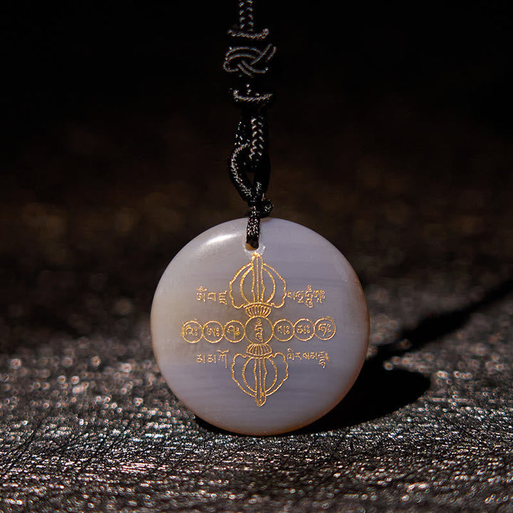 BWOOOH Vajra Dorje Sanskrit Pattern Natural Various Crystal Black Obsidian Fulfilment Necklace Pendant