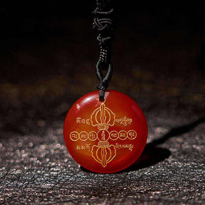 BWOOOH Vajra Dorje Sanskrit Pattern Natural Various Crystal Black Obsidian Fulfilment Necklace Pendant
