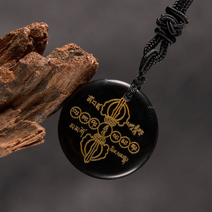 BWOOOH Vajra Dorje Sanskrit Pattern Natural Various Crystal Black Obsidian Fulfilment Necklace Pendant