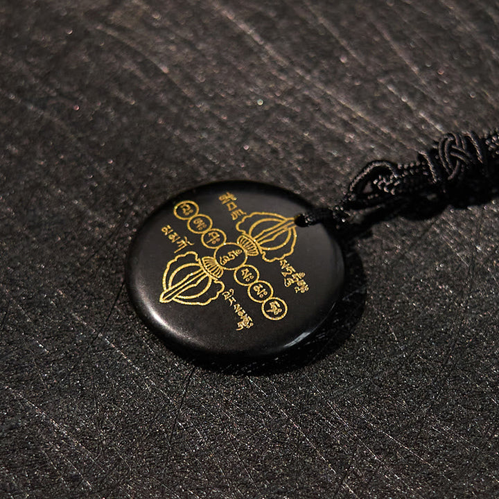 BWOOOH Vajra Dorje Sanskrit Pattern Natural Various Crystal Black Obsidian Fulfilment Necklace Pendant