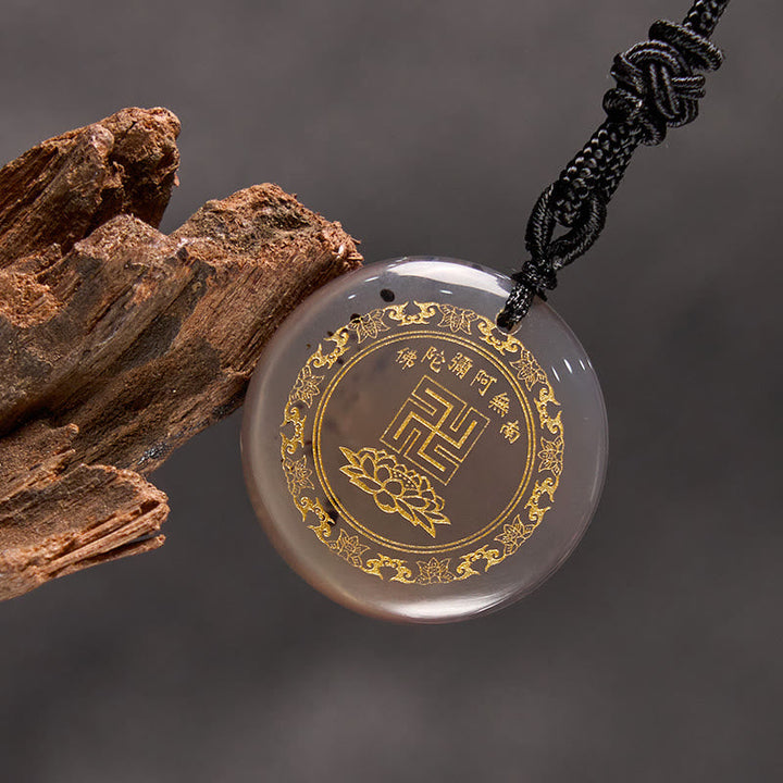 BWOOOH Swastika Lotus Pattern Natural Various Crystal Black Obsidian Purification Necklace Pendant