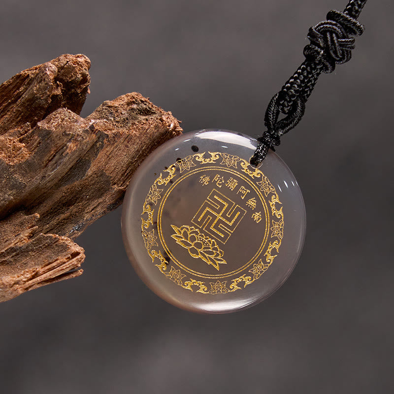 BWOOOH Swastika Lotus Pattern Natural Various Crystal Black Obsidian Purification Necklace Pendant