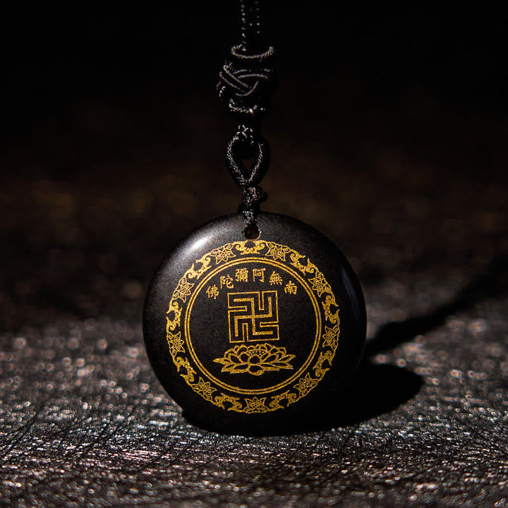 BWOOOH Swastika Lotus Pattern Natural Various Crystal Black Obsidian Purification Necklace Pendant