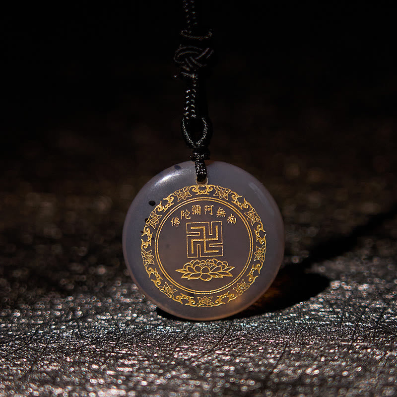 BWOOOH Swastika Lotus Pattern Natural Various Crystal Black Obsidian Purification Necklace Pendant