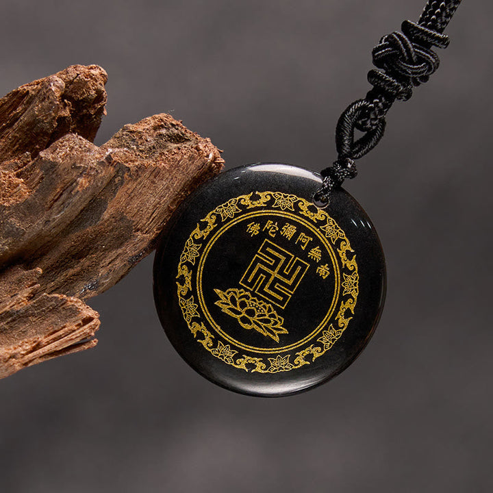 BWOOOH Swastika Lotus Pattern Natural Various Crystal Black Obsidian Purification Necklace Pendant