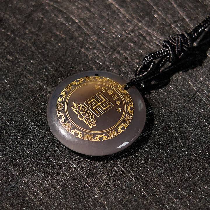 BWOOOH Swastika Lotus Pattern Natural Various Crystal Black Obsidian Purification Necklace Pendant