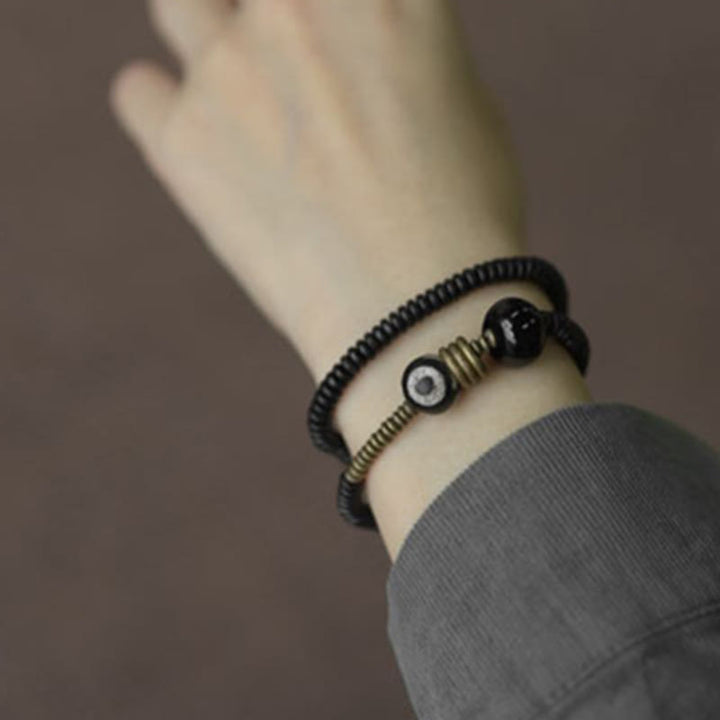BWOOOH Ebony Wood Green Sandalwood Copper Brass Dzi Bead Black Onyx Calm Double Wrap Bracelet