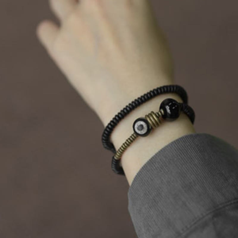 BWOOOH Ebony Wood Green Sandalwood Copper Brass Dzi Bead Black Onyx Calm Double Wrap Bracelet