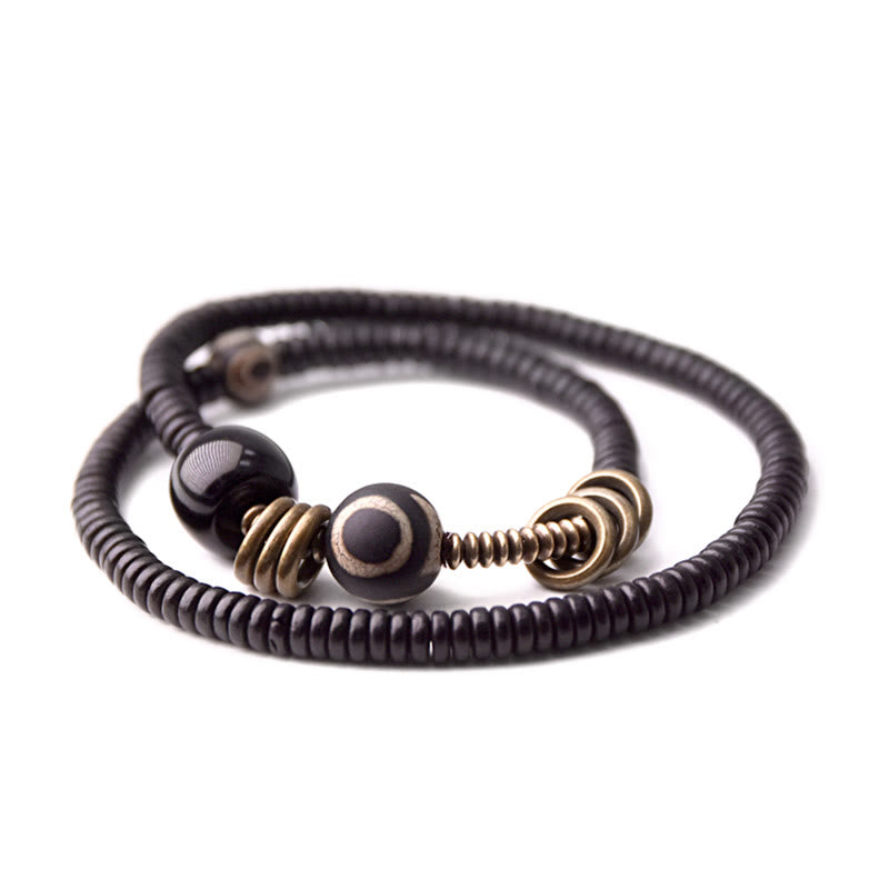 BWOOOH Ebony Wood Green Sandalwood Copper Brass Dzi Bead Black Onyx Calm Double Wrap Bracelet