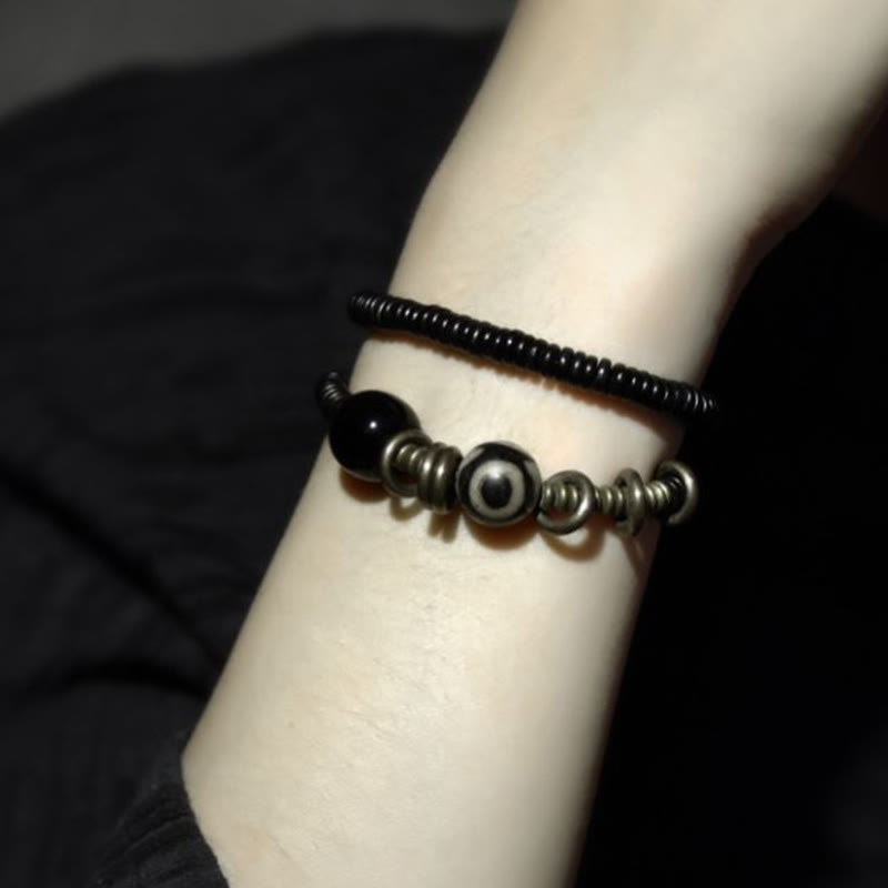 BWOOOH Ebony Wood Green Sandalwood Copper Brass Dzi Bead Black Onyx Calm Double Wrap Bracelet