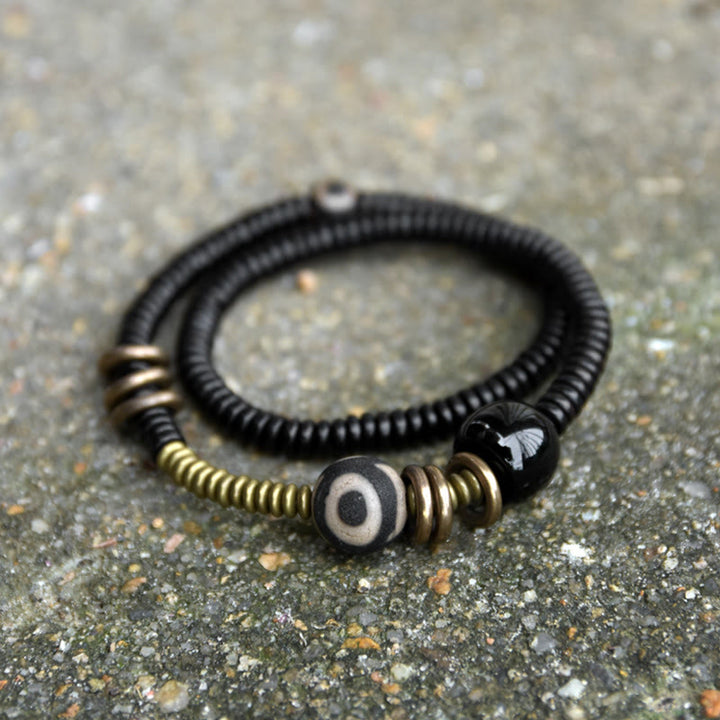 BWOOOH Ebony Wood Green Sandalwood Copper Brass Dzi Bead Black Onyx Calm Double Wrap Bracelet