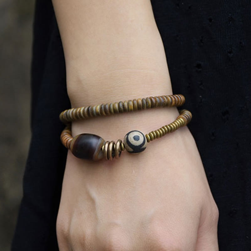 BWOOOH Ebony Wood Green Sandalwood Copper Brass Dzi Bead Black Onyx Calm Double Wrap Bracelet