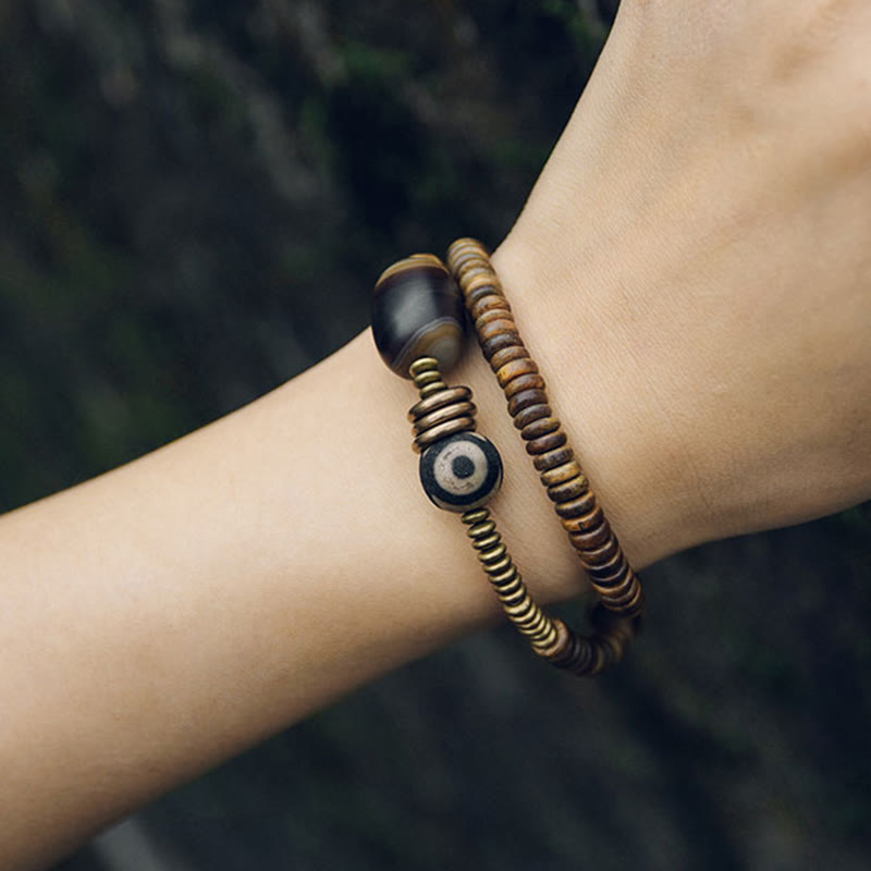 BWOOOH Ebony Wood Green Sandalwood Copper Brass Dzi Bead Black Onyx Calm Double Wrap Bracelet
