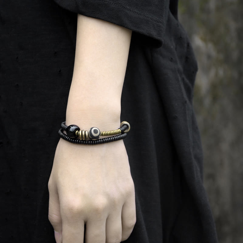 BWOOOH Ebony Wood Green Sandalwood Copper Brass Dzi Bead Black Onyx Calm Double Wrap Bracelet