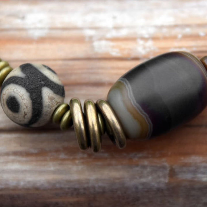 BWOOOH Ebony Wood Green Sandalwood Copper Brass Dzi Bead Black Onyx Calm Double Wrap Bracelet