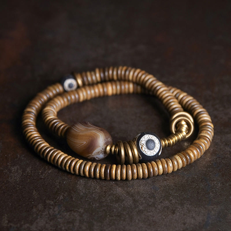 BWOOOH Ebony Wood Green Sandalwood Copper Brass Dzi Bead Black Onyx Calm Double Wrap Bracelet