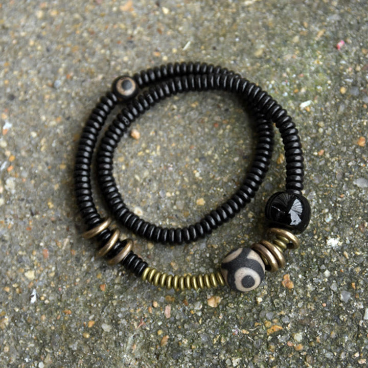 BWOOOH Ebony Wood Green Sandalwood Copper Brass Dzi Bead Black Onyx Calm Double Wrap Bracelet