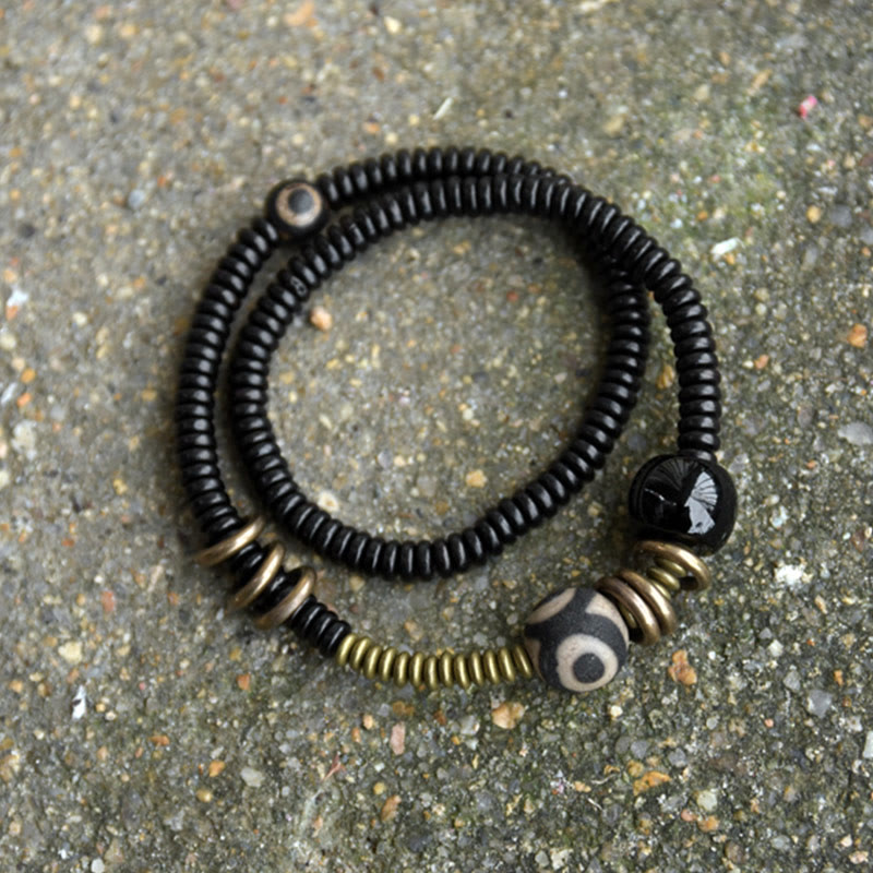 BWOOOH Ebony Wood Green Sandalwood Copper Brass Dzi Bead Black Onyx Calm Double Wrap Bracelet