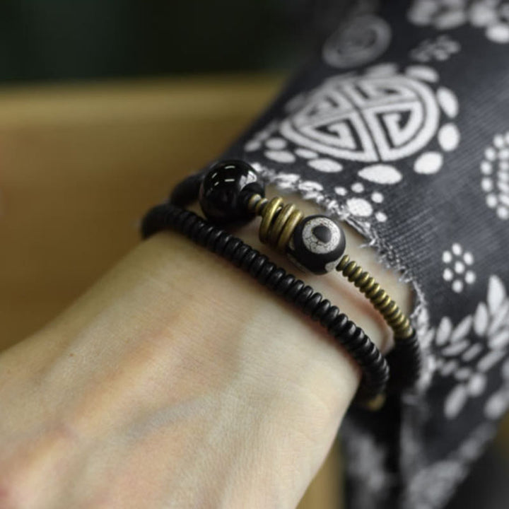 BWOOOH Ebony Wood Green Sandalwood Copper Brass Dzi Bead Black Onyx Calm Double Wrap Bracelet