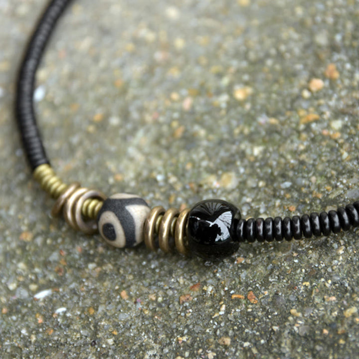 BWOOOH Ebony Wood Green Sandalwood Copper Brass Dzi Bead Black Onyx Calm Double Wrap Bracelet