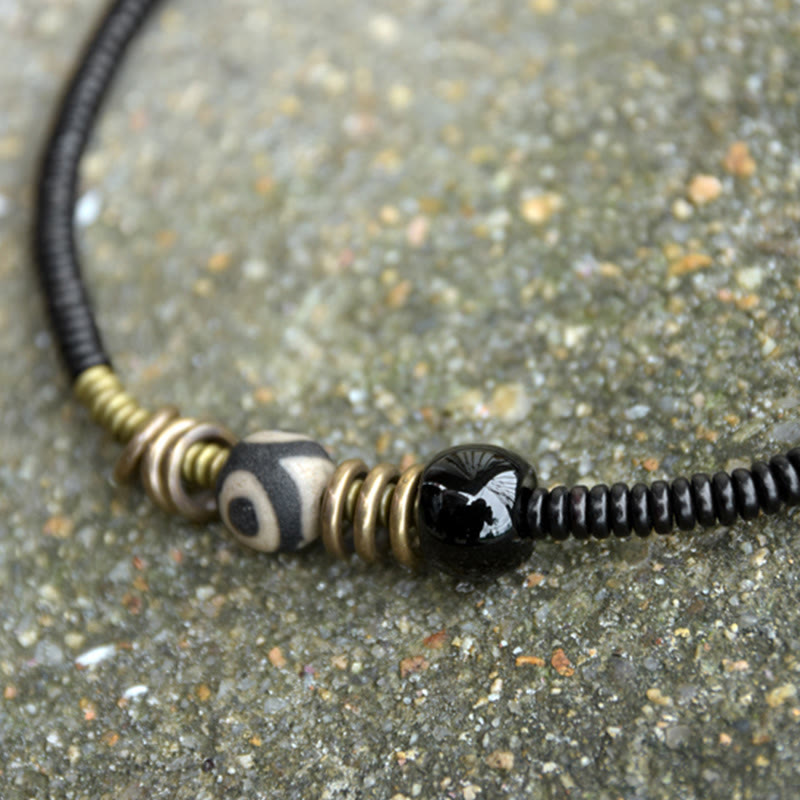BWOOOH Ebony Wood Green Sandalwood Copper Brass Dzi Bead Black Onyx Calm Double Wrap Bracelet