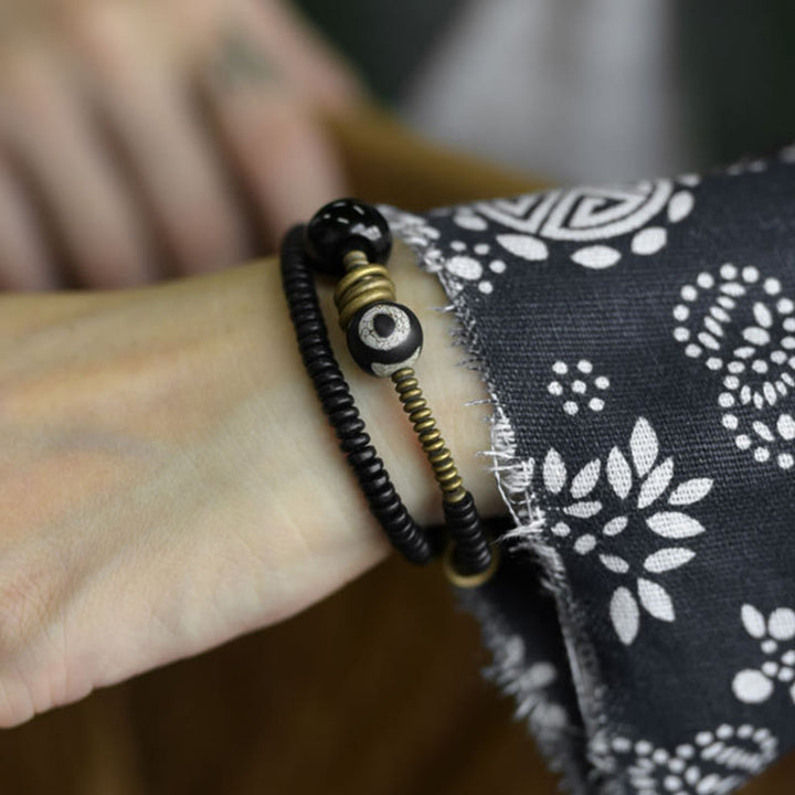 BWOOOH Ebony Wood Green Sandalwood Copper Brass Dzi Bead Black Onyx Calm Double Wrap Bracelet