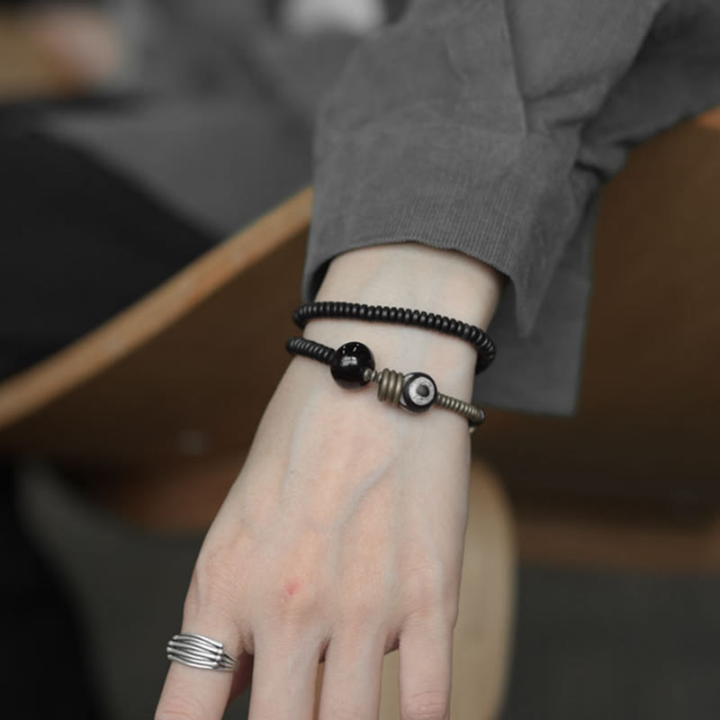 BWOOOH Ebony Wood Green Sandalwood Copper Brass Dzi Bead Black Onyx Calm Double Wrap Bracelet