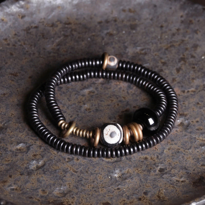 BWOOOH Ebony Wood Green Sandalwood Copper Brass Dzi Bead Black Onyx Calm Double Wrap Bracelet