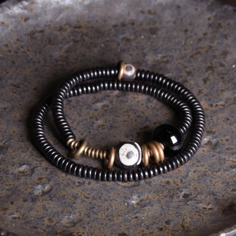 BWOOOH Ebony Wood Green Sandalwood Copper Brass Dzi Bead Black Onyx Calm Double Wrap Bracelet