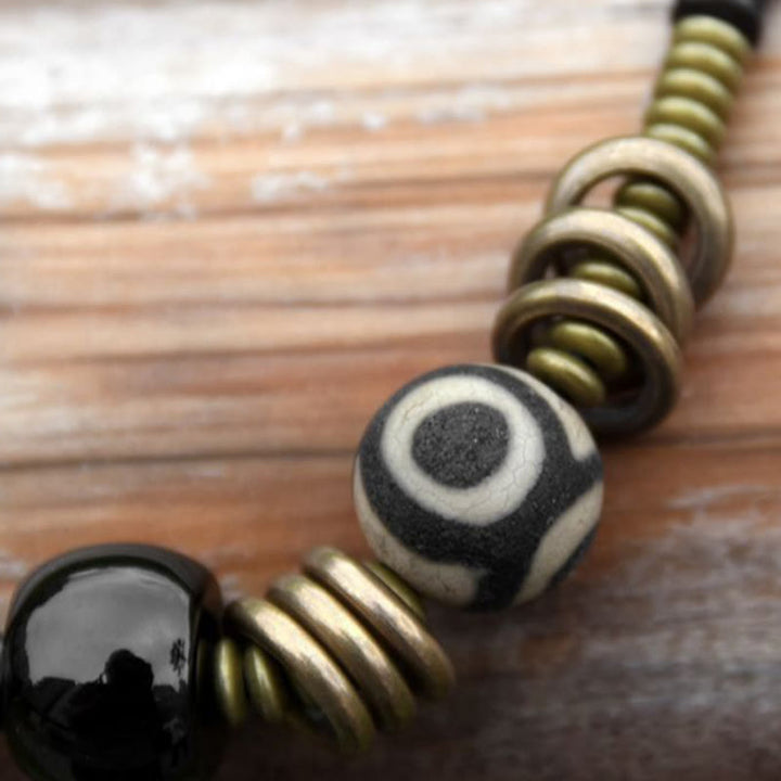 BWOOOH Ebony Wood Green Sandalwood Copper Brass Dzi Bead Black Onyx Calm Double Wrap Bracelet