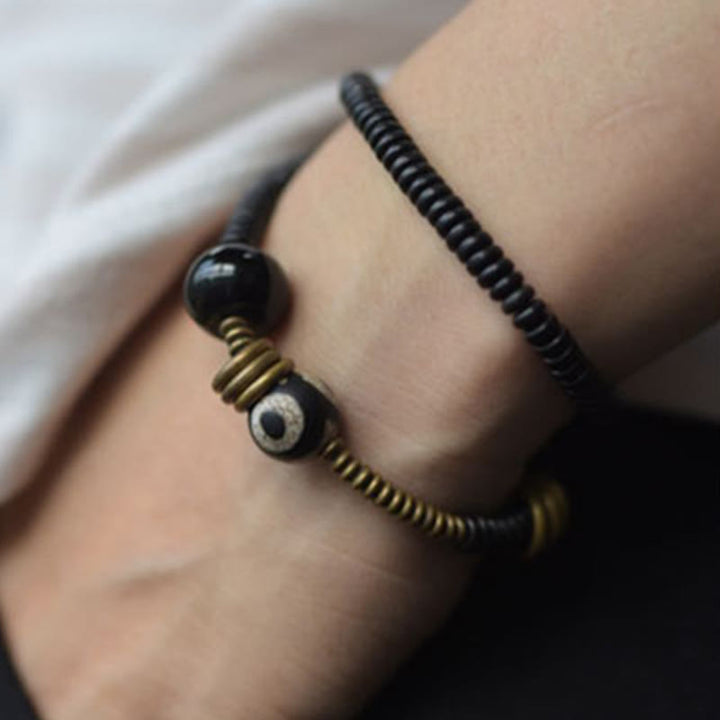 BWOOOH Ebony Wood Green Sandalwood Copper Brass Dzi Bead Black Onyx Calm Double Wrap Bracelet