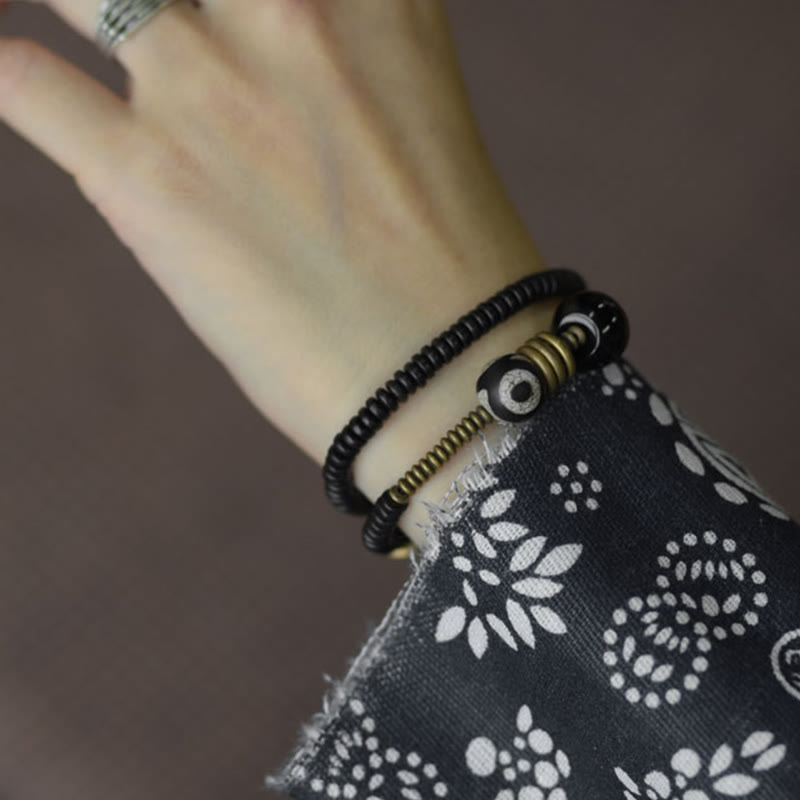 BWOOOH Ebony Wood Green Sandalwood Copper Brass Dzi Bead Black Onyx Calm Double Wrap Bracelet
