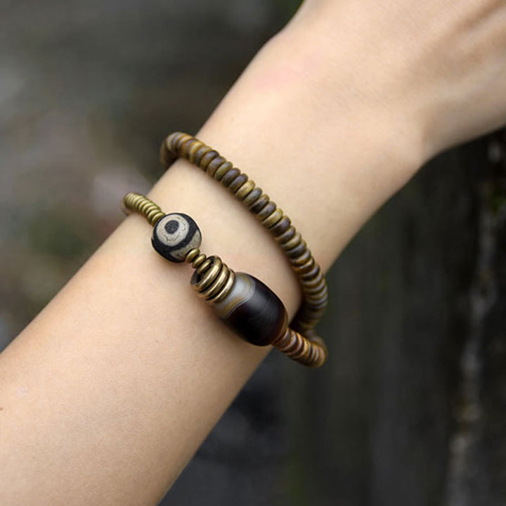 BWOOOH Ebony Wood Green Sandalwood Copper Brass Dzi Bead Black Onyx Calm Double Wrap Bracelet