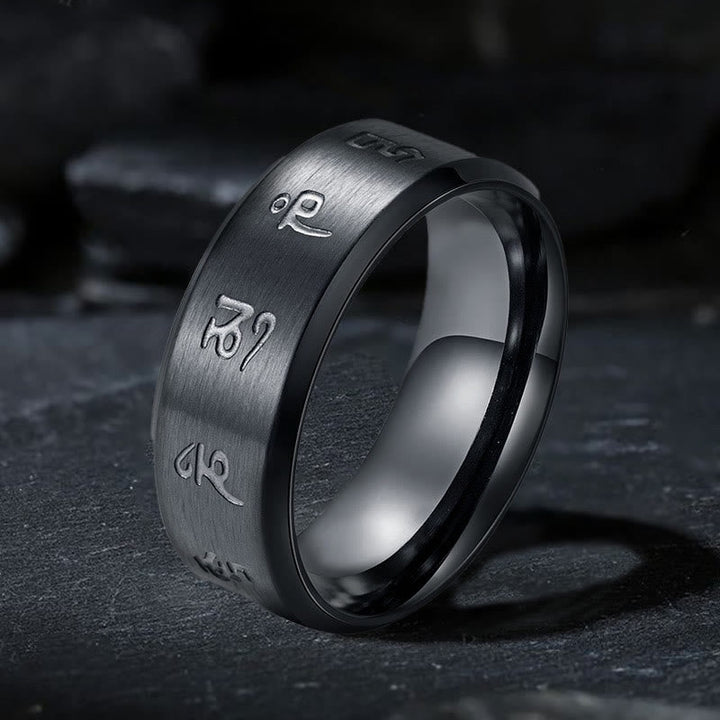 BWOOOH Black Jambhala Mantra Titanium Steel Balance Ring — natural stone crystal healing bracelet for spiritual healing an...