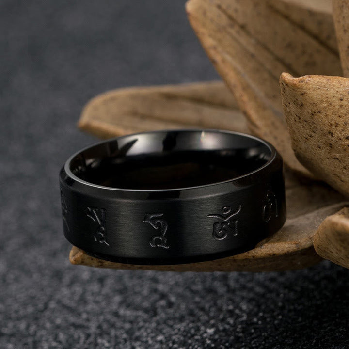 BWOOOH Black Jambhala Mantra Titanium Steel Balance Ring