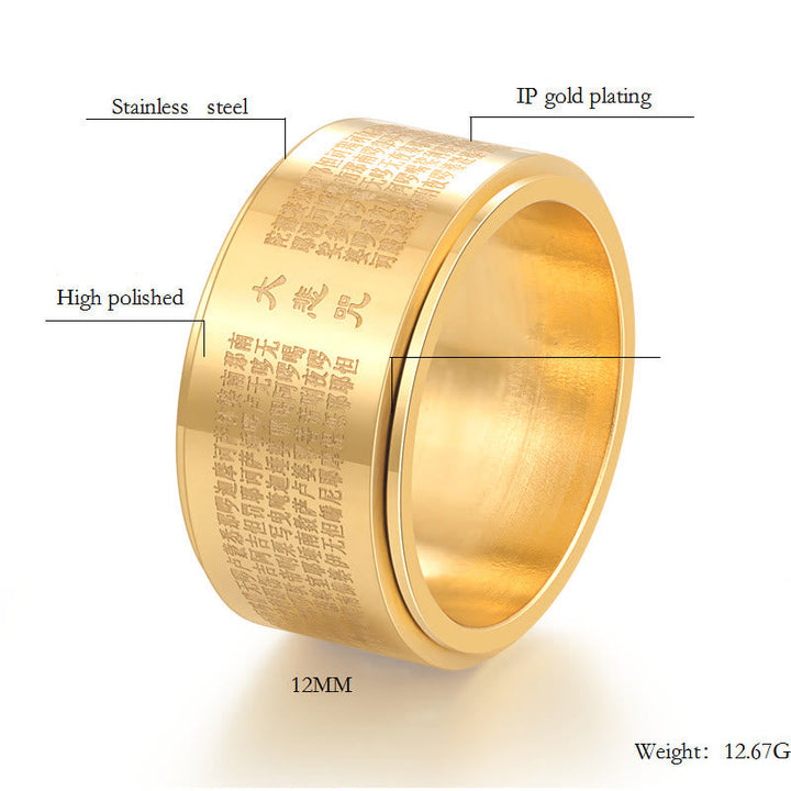 BWOOOH Great Compassion Mantra Carved Titanium Steel Strengthen Rotatable Ring