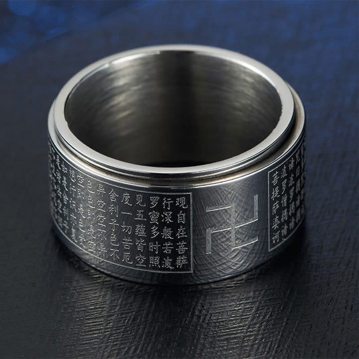 BWOOOH Heart Sutra Swastika Titanium Steel Luck Rotatable Ring