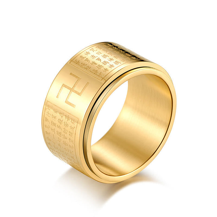 BWOOOH Heart Sutra Swastika Titanium Steel Luck Rotatable Ring