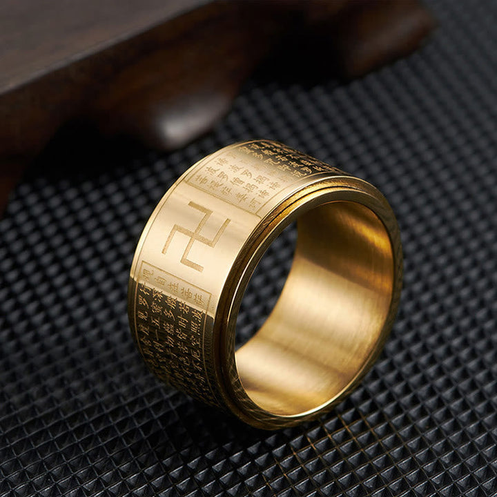 BWOOOH Heart Sutra Swastika Titanium Steel Luck Rotatable Ring