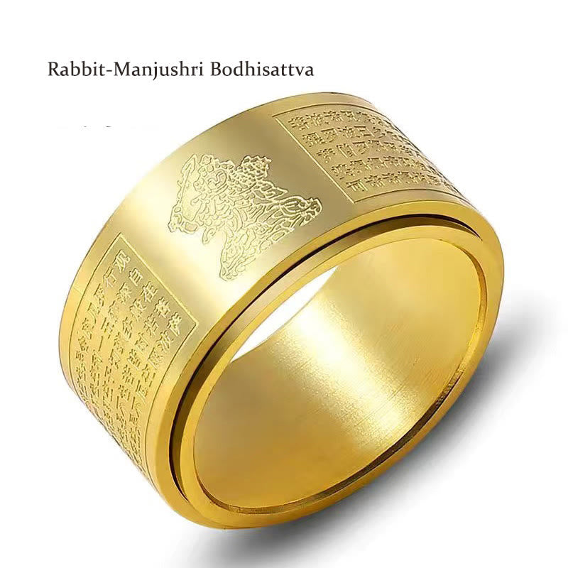 BWOOOH Chinese Zodiac Natal Buddha Heart Sutra Carved Titanium Steel Calm Rotatable Ring