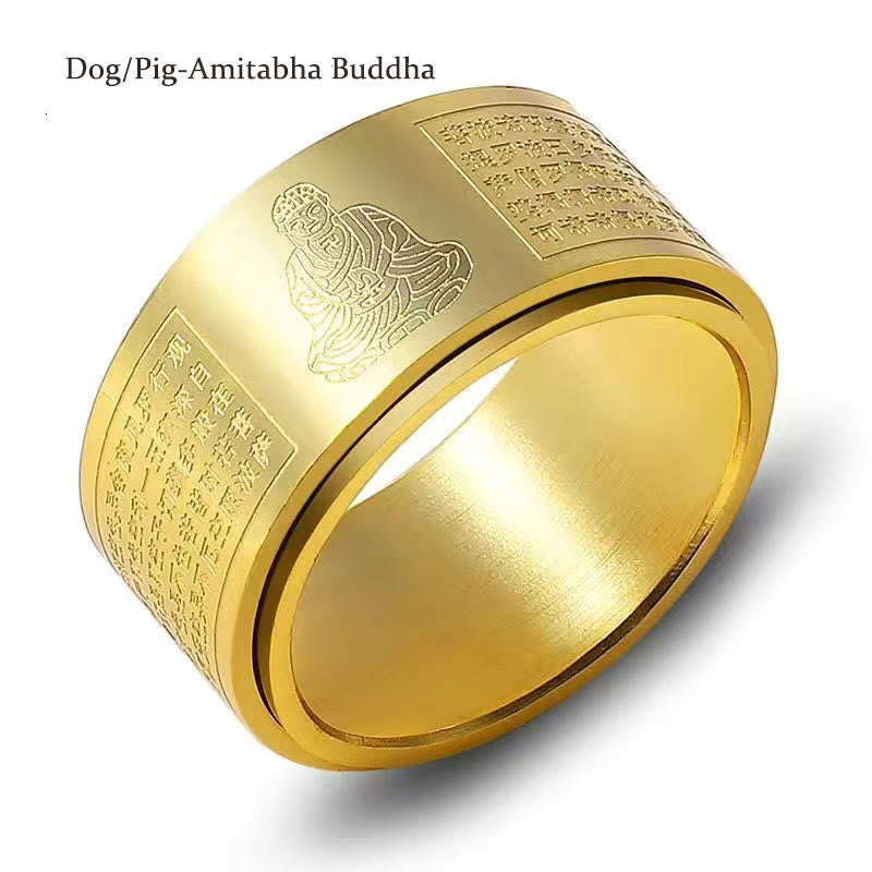 BWOOOH Chinese Zodiac Natal Buddha Heart Sutra Carved Titanium Steel Calm Rotatable Ring