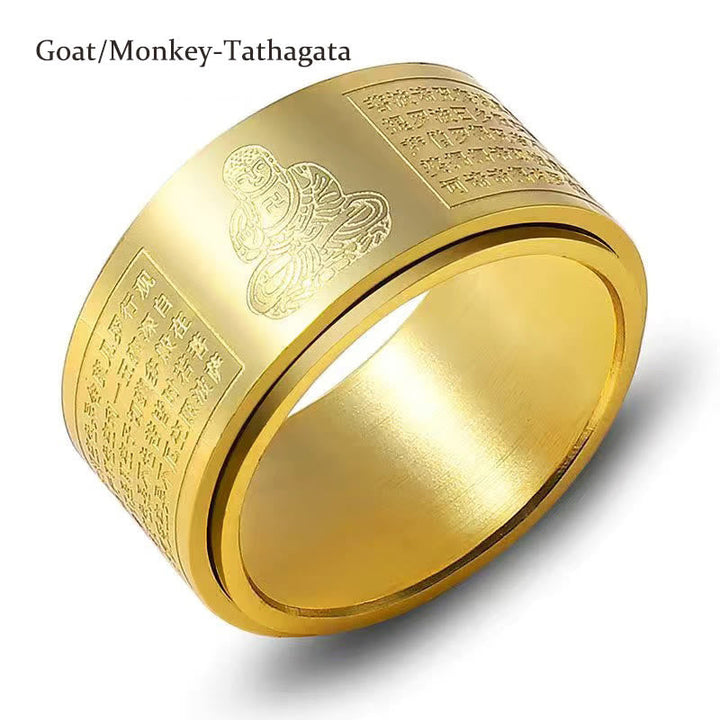 BWOOOH Chinese Zodiac Natal Buddha Heart Sutra Carved Titanium Steel Calm Rotatable Ring