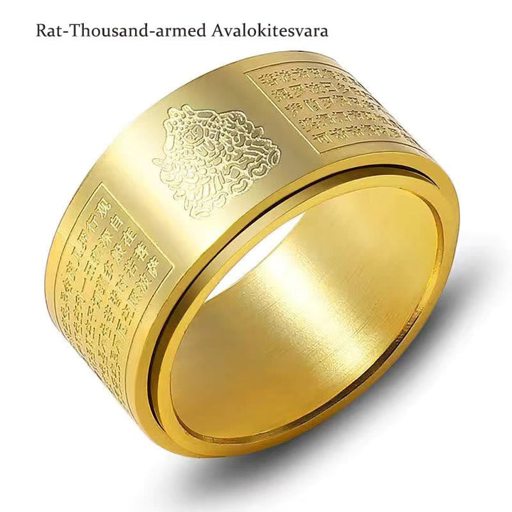 BWOOOH Chinese Zodiac Natal Buddha Heart Sutra Carved Titanium Steel Calm Rotatable Ring