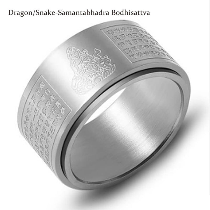 BWOOOH Chinese Zodiac Natal Buddha Heart Sutra Carved Titanium Steel Calm Rotatable Ring