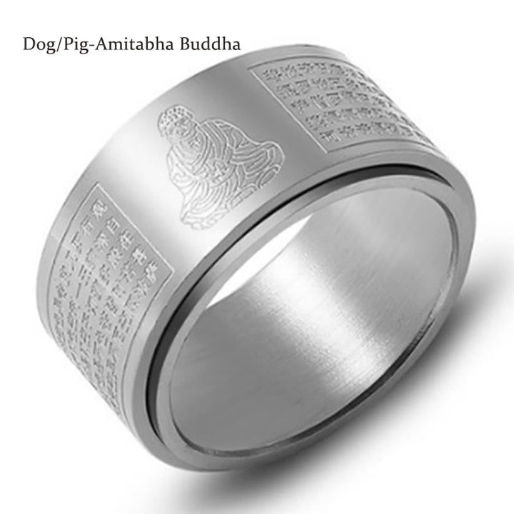 BWOOOH Chinese Zodiac Natal Buddha Heart Sutra Carved Titanium Steel Calm Rotatable Ring