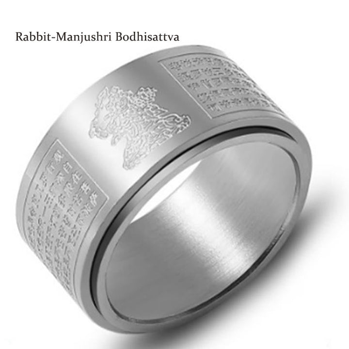 BWOOOH Chinese Zodiac Natal Buddha Heart Sutra Carved Titanium Steel Calm Rotatable Ring